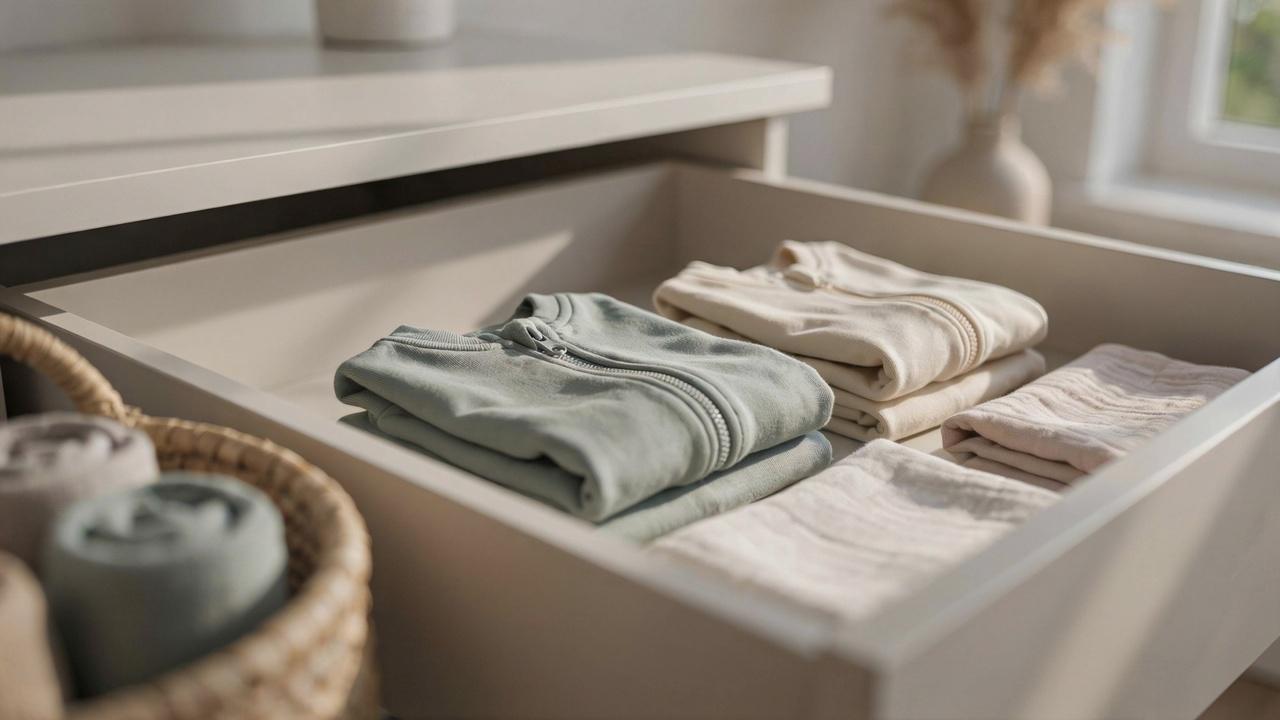Parent folding baby sleepers and pajamas for organized drawer storage.