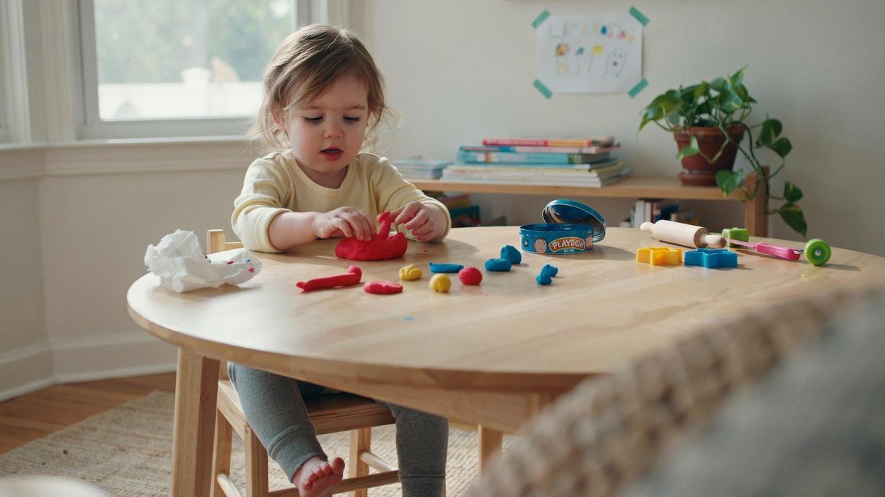 A child focused on playing with playdough at a low indoor table.