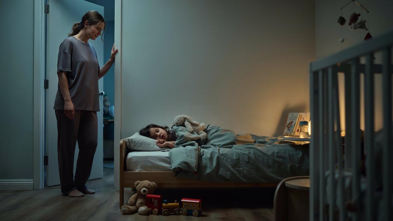 A toddler sleeping peacefully in bed with a stuffed animal while a calm parent watches from the doorway.