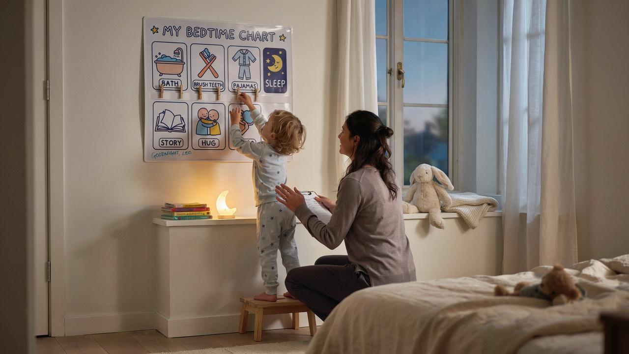 A toddler and parent checking off steps on a bedtime routine chart in the bedroom at night.