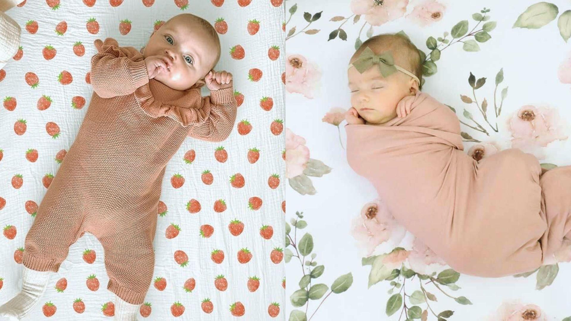 Baby on strawberry bassinet sheet and swaddled baby on floral bassinet sheet side by side