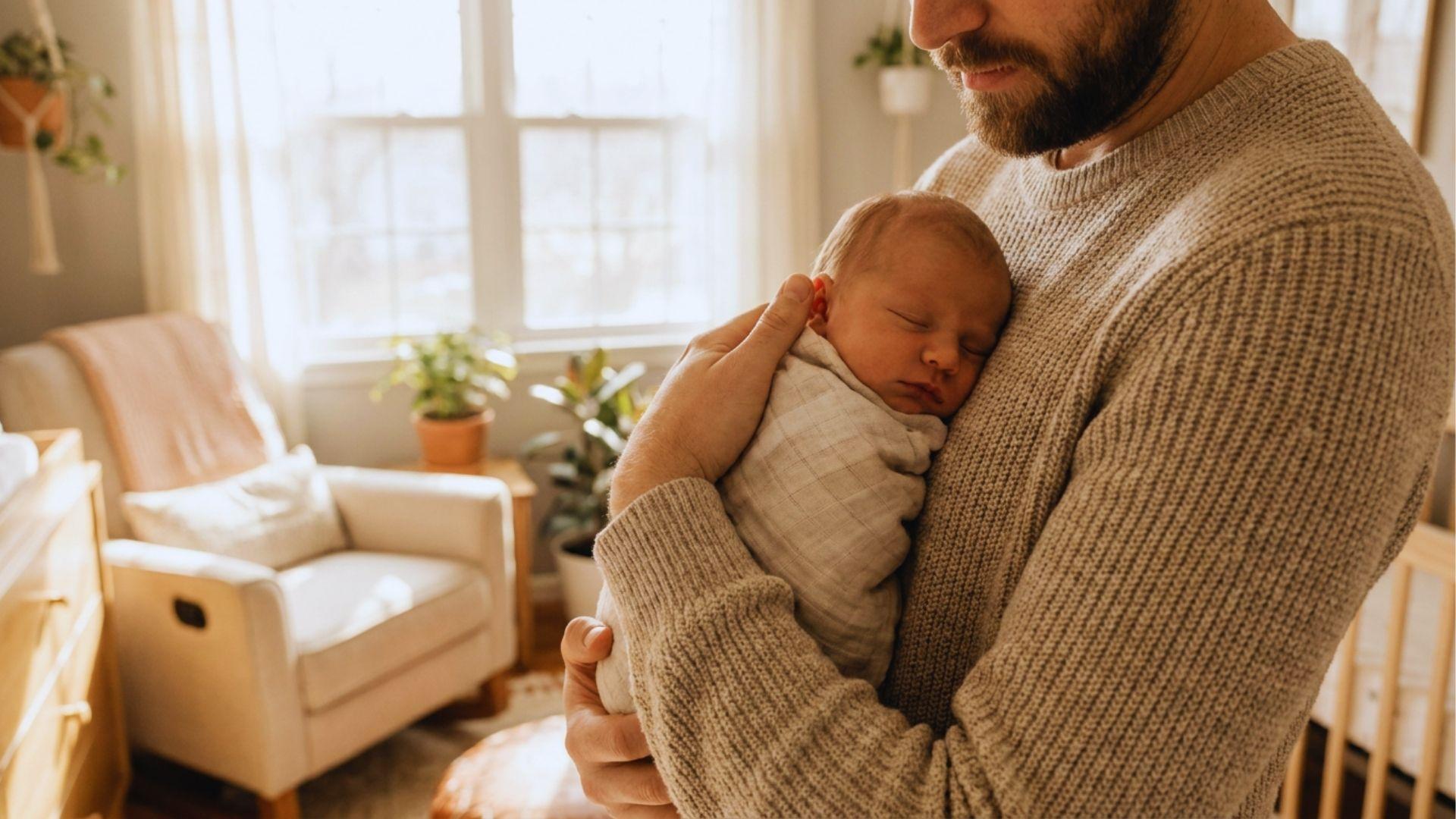 New parent safely holding newborn with proper head support.