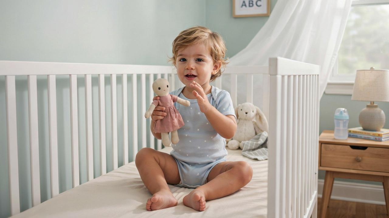 A toddler sitting up in a crib during nap time talking and playing instead of falling asleep.