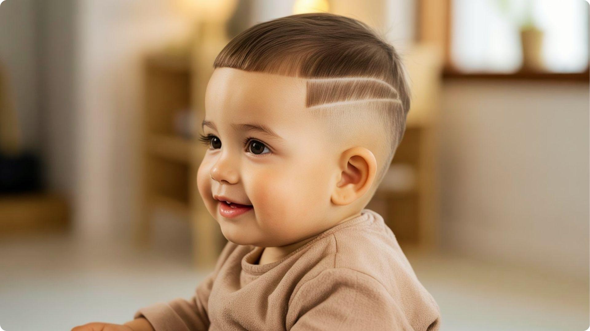 Smiling baby with blunt straight fringe and high skin fade with double line design, cute baby boy haircut