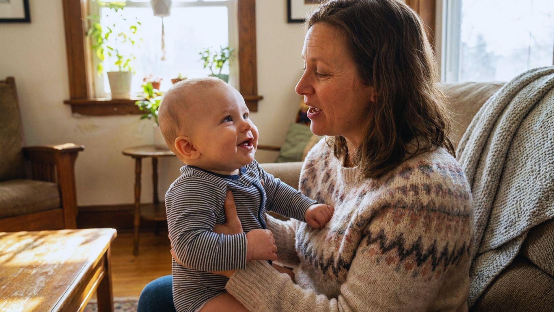 Parent bonding through face-to-face baby holding and interaction.