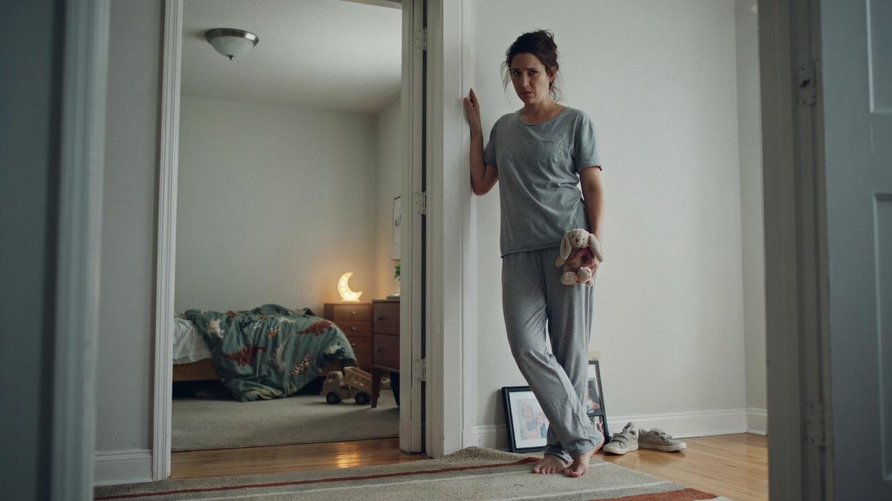 A tired parent standing at a toddler's bedroom door at night in soft dim hallway light.