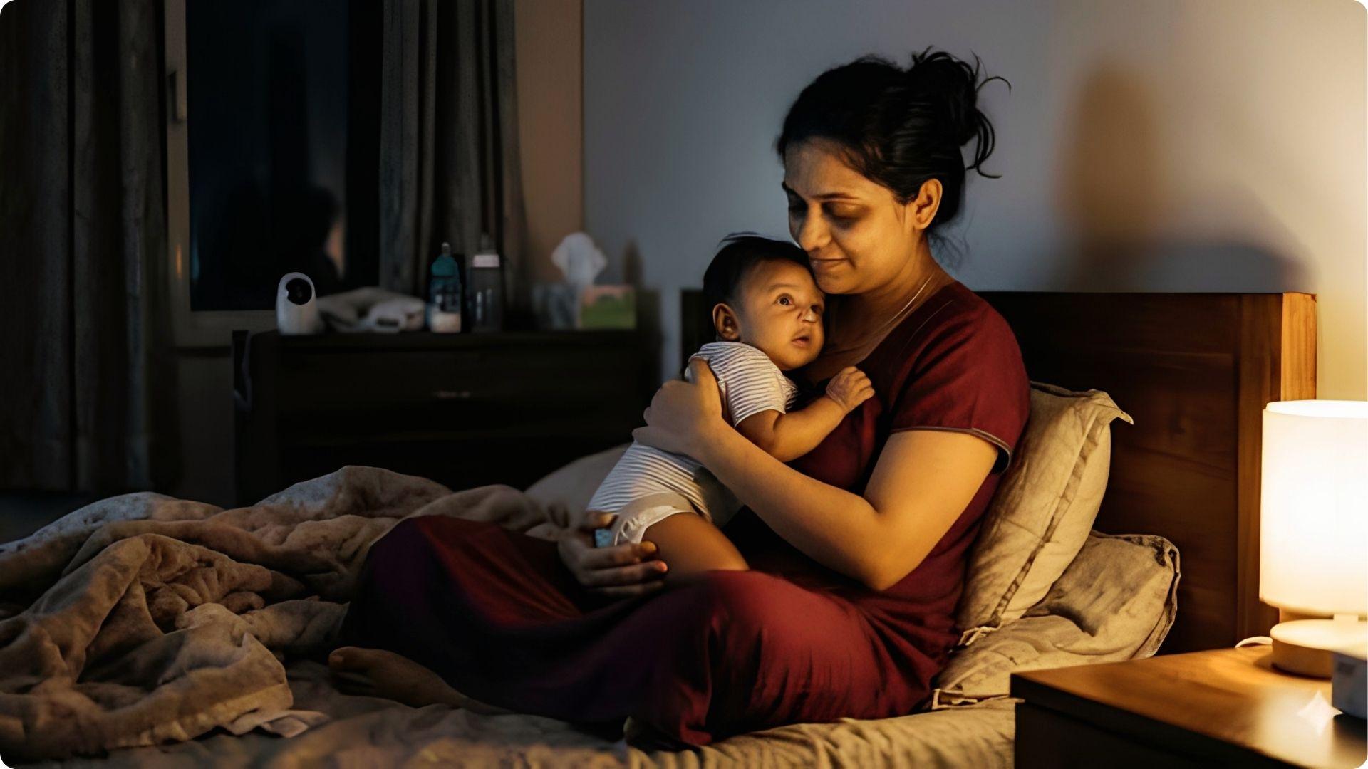 Tired mother comforting fussy baby at night during 4-month sleep regression with broken sleep