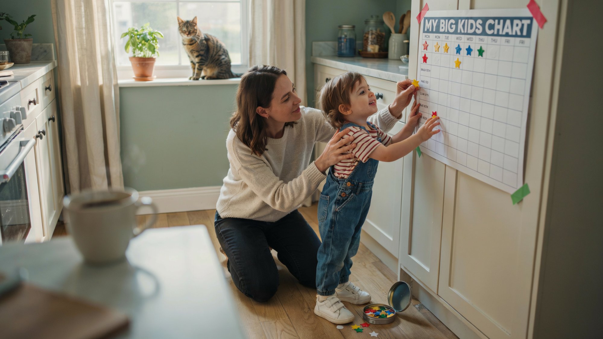 Parent encouraging child with a sticker reward chart.