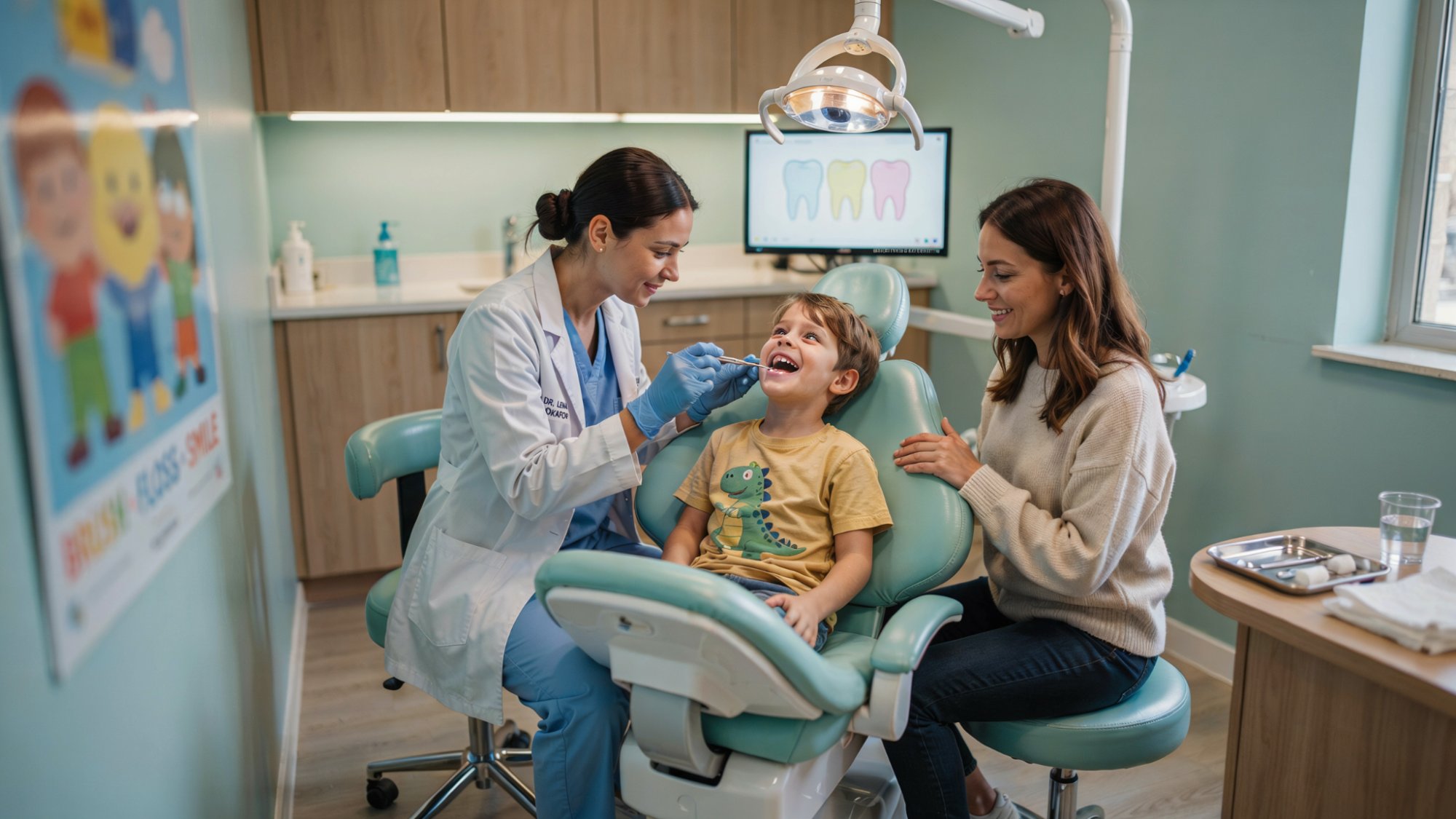 Pediatric dentist examining a child's teeth during a checkup.