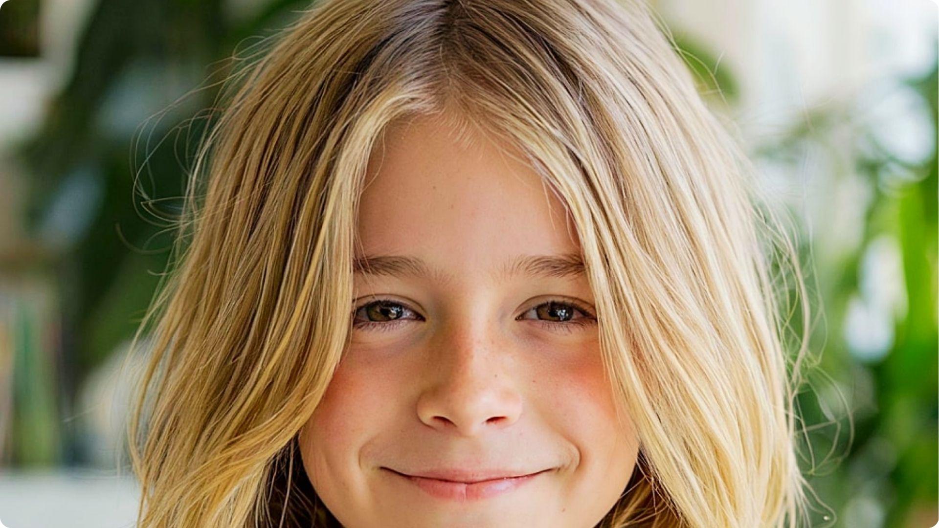 Child with long center-parted blonde straight hair, soft side-framing layers, natural long haircut style