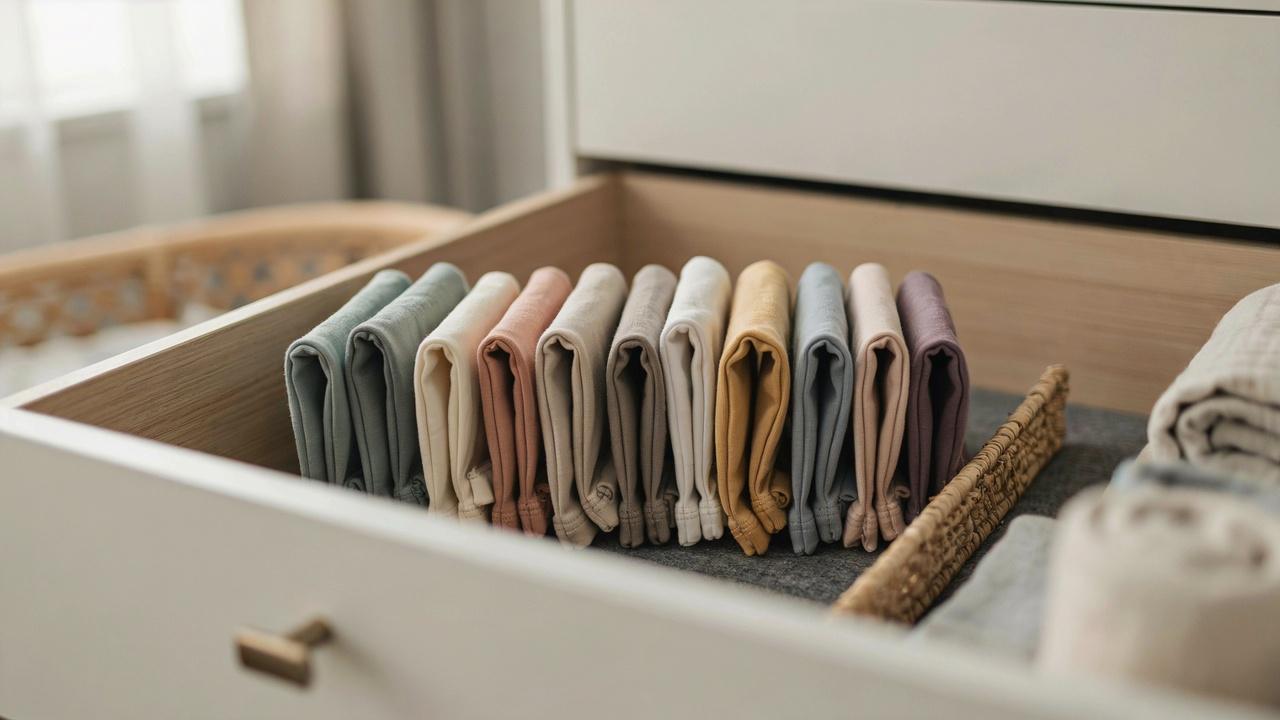 Folded baby pants and leggings stored upright inside a nursery drawer.