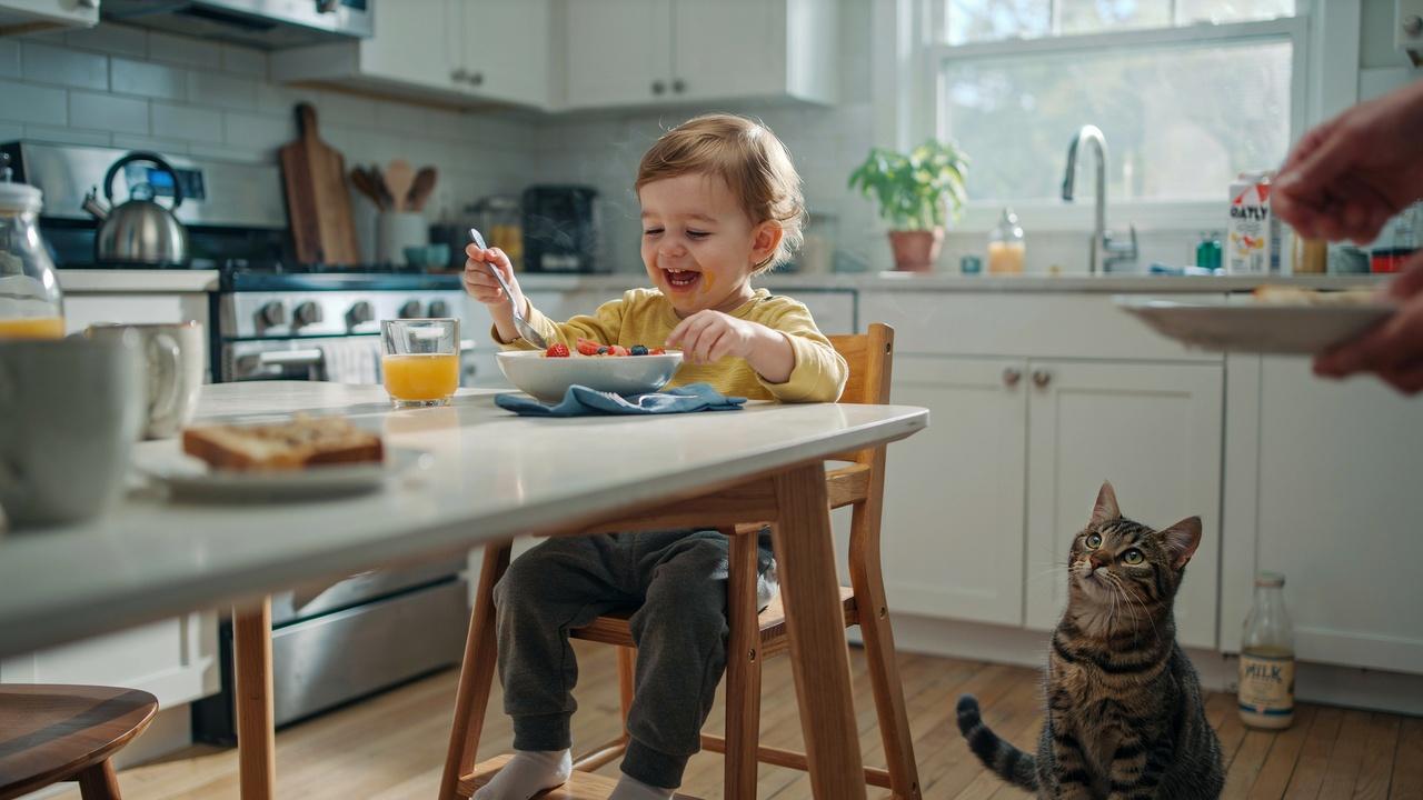 A happy toddler sitting at a bright breakfast table in a warm kitchen in the morning.