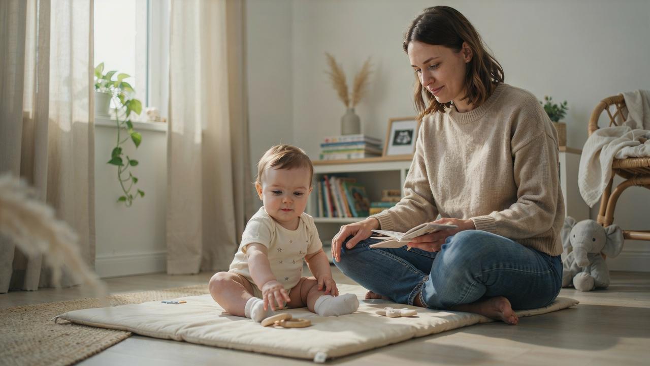Healthy baby with mild red cheeks sitting happily in a cozy nursery.