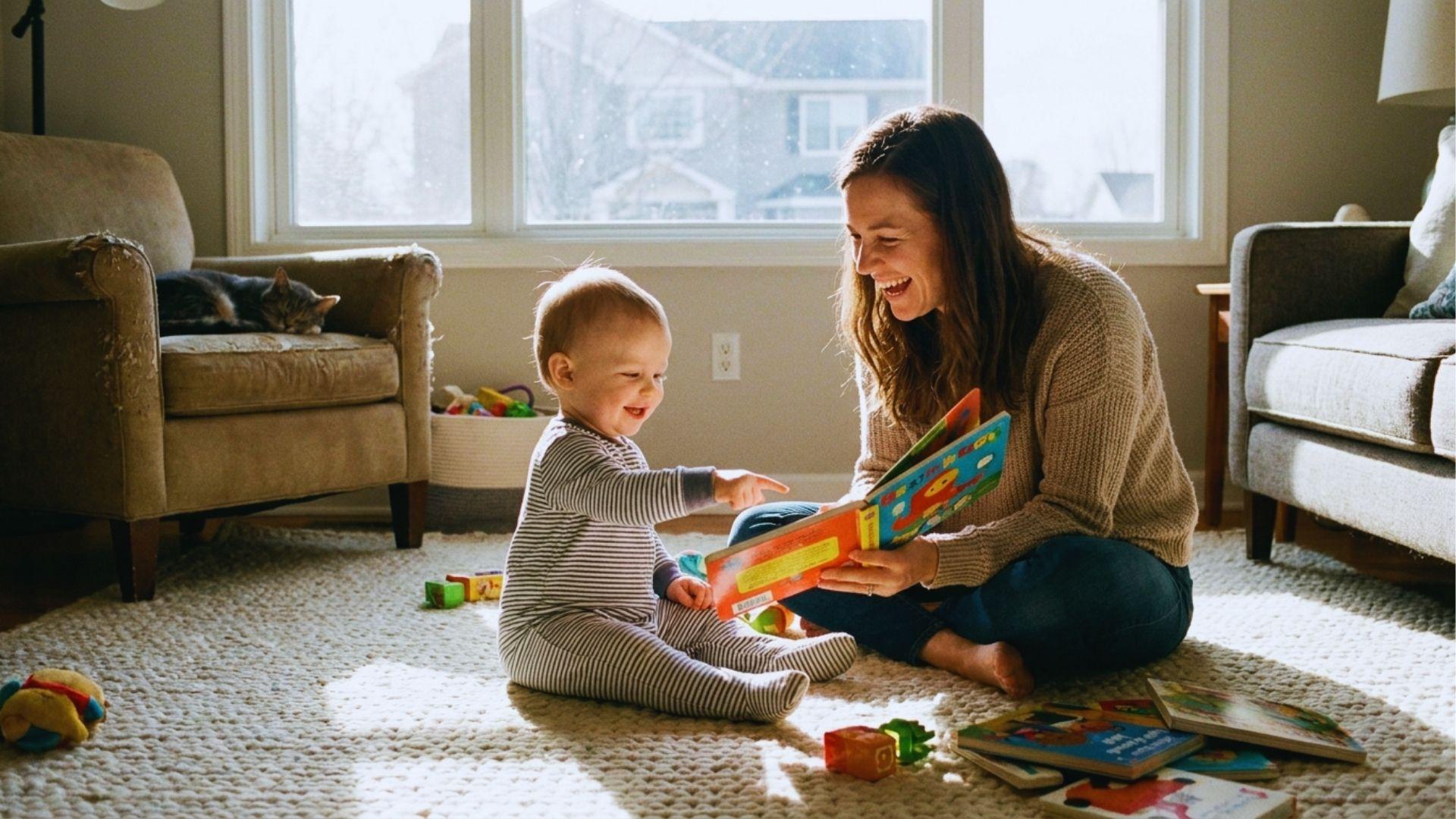 Parent reading colorful board book with curious one-year-old toddler.