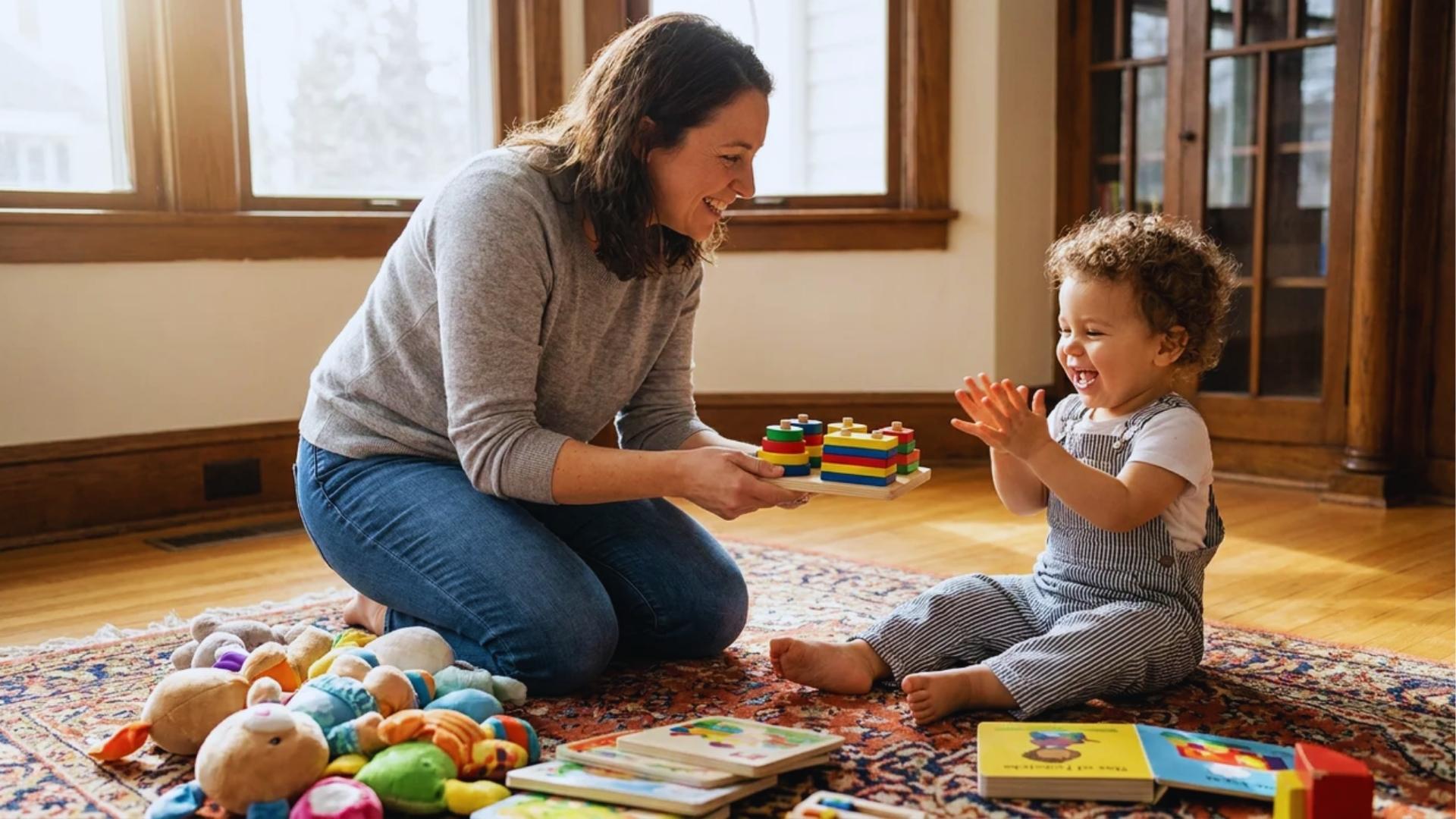 Parent keeping toddler engaged with simple daily play ideas.