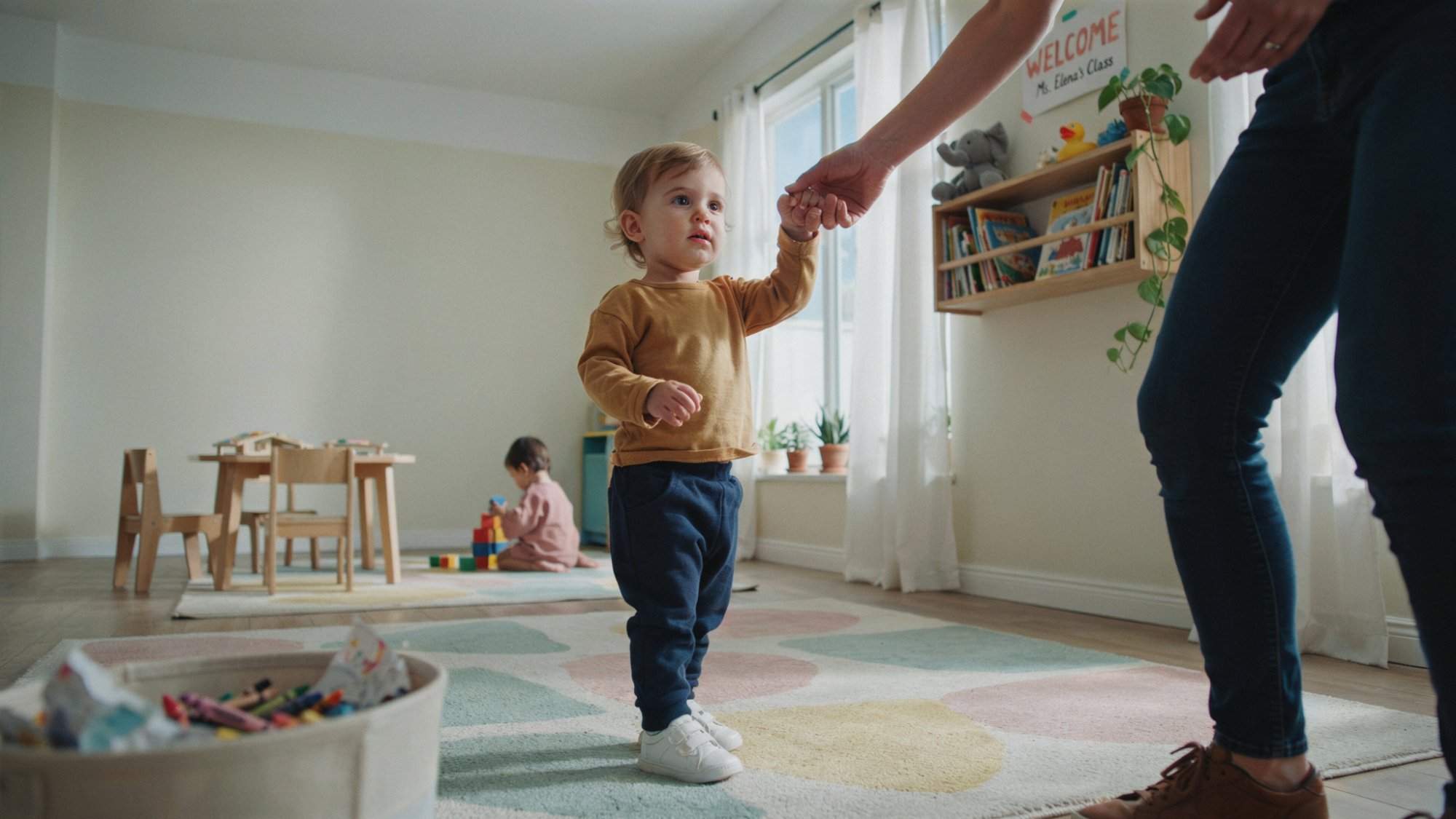 Toddler staying close to a parent in a new environment.