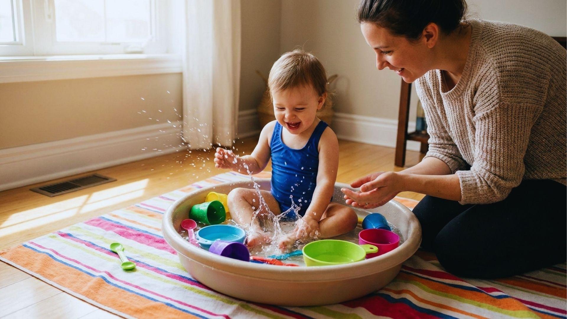 Toddler enjoying supervised water play using simple kitchen utensils.