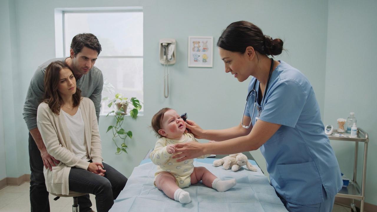 Pediatrician examining a baby with persistent red cheeks in a clinic.