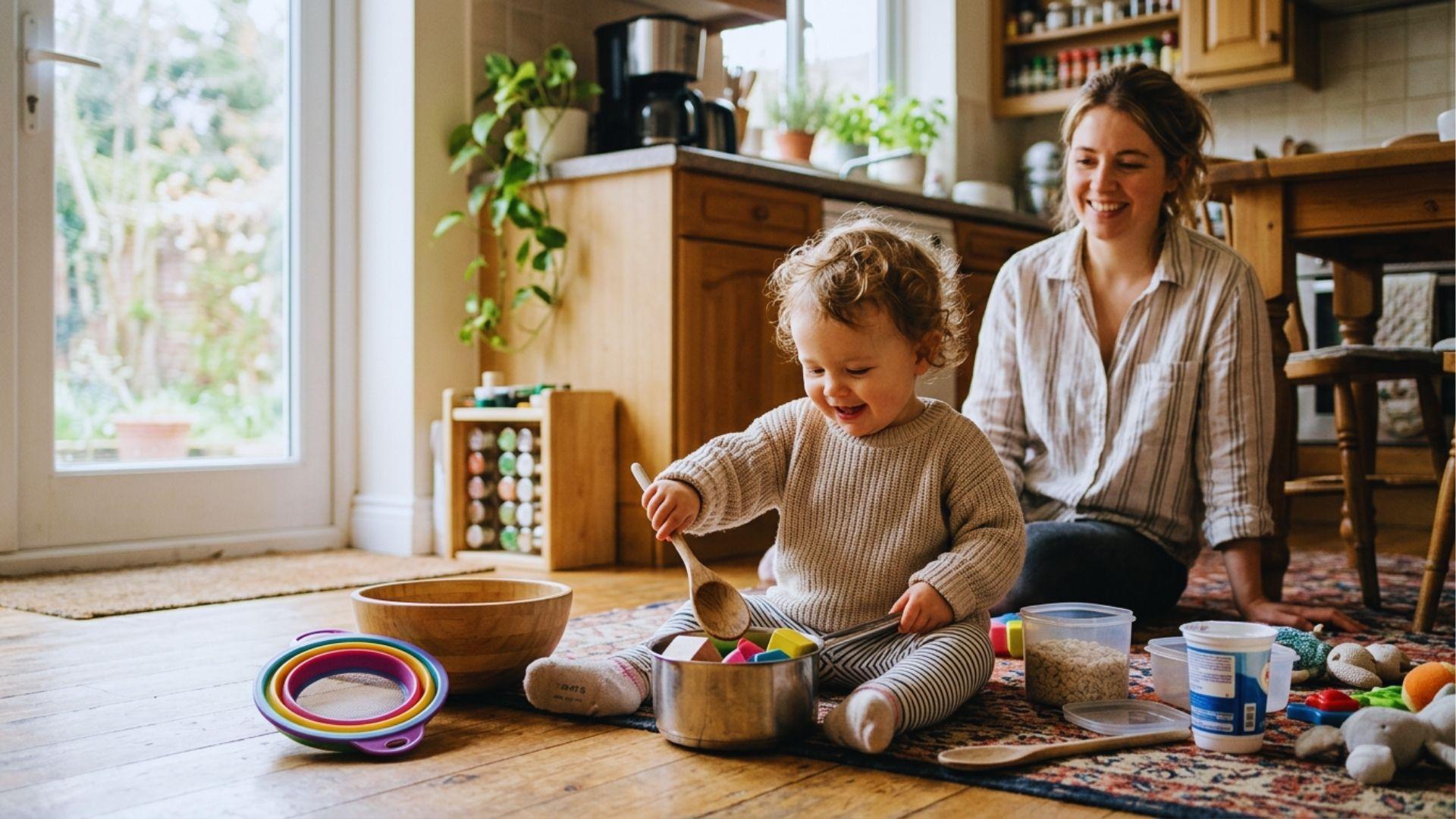 Toddler enjoying pretend kitchen play using household items safely.
