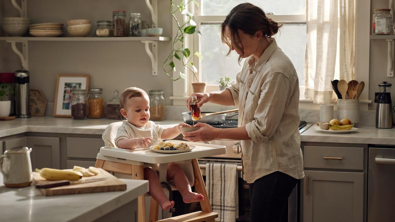 Parent considering maple syrup while preparing breakfast for a baby.