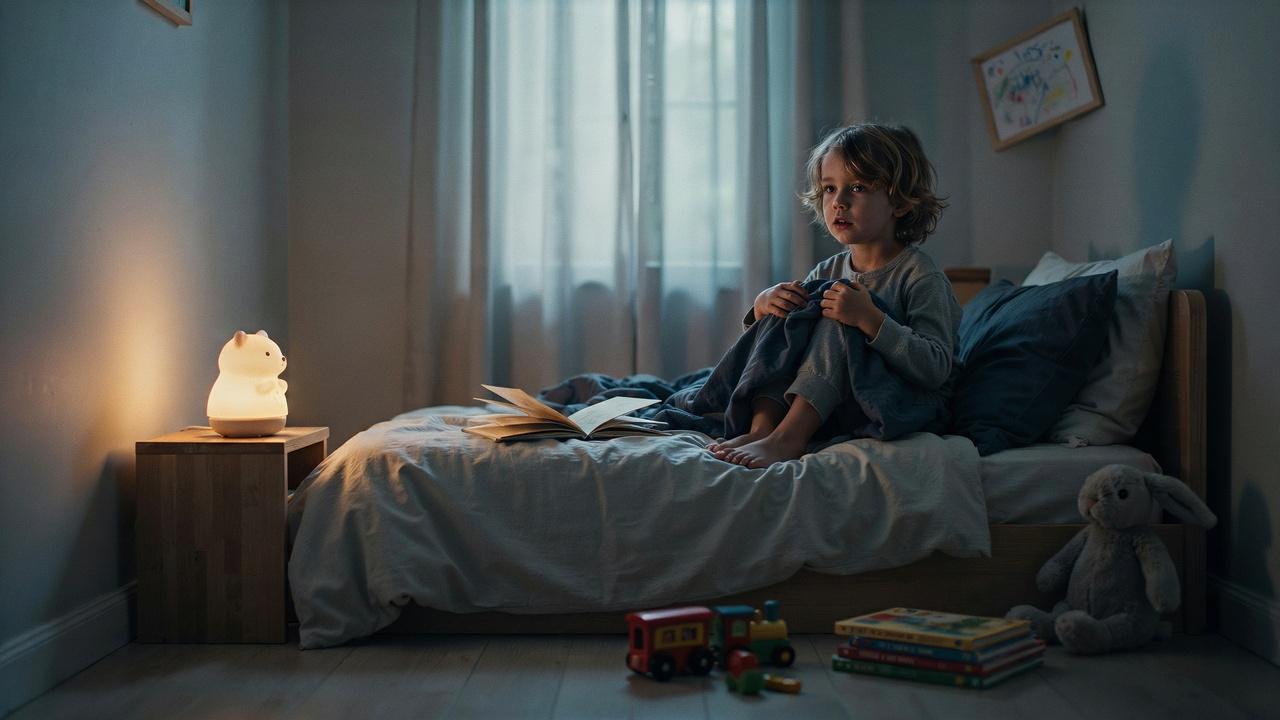 A scared child sitting up in a dark bedroom with a soft warm nightlight glowing nearby.