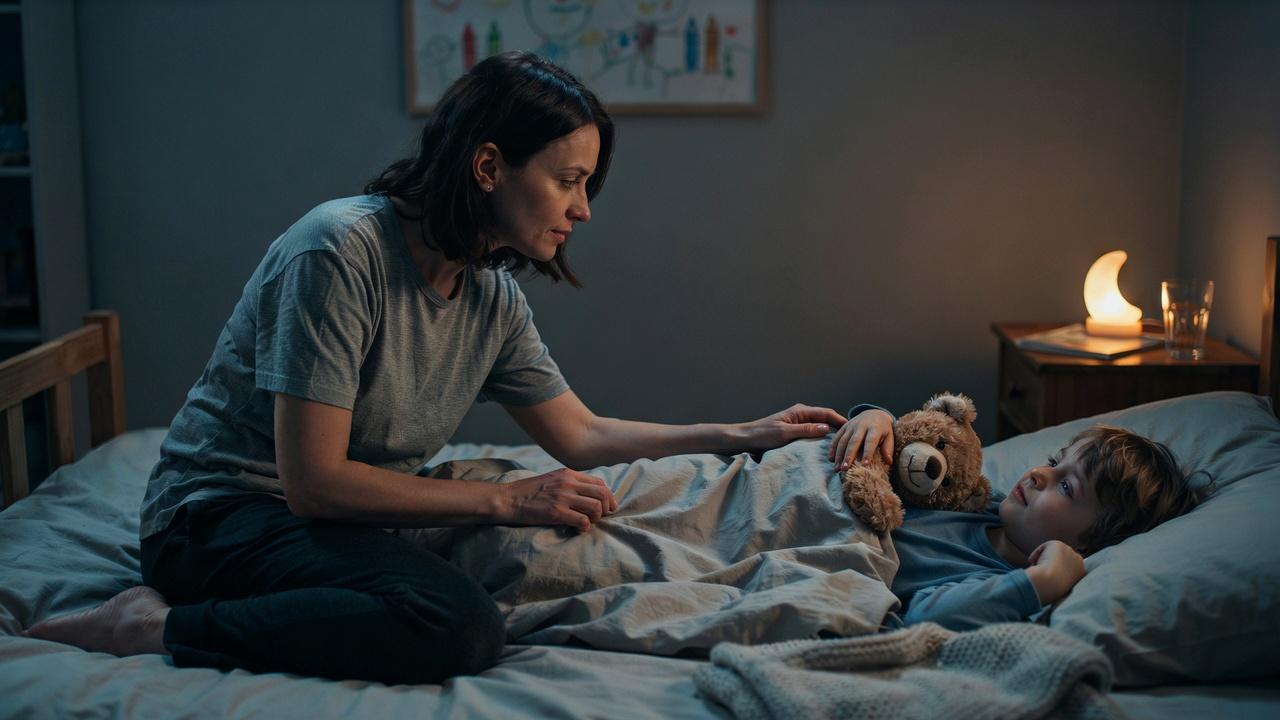 A parent sitting calmly beside a child in bed with a stuffed animal and soft nightlight nearby.