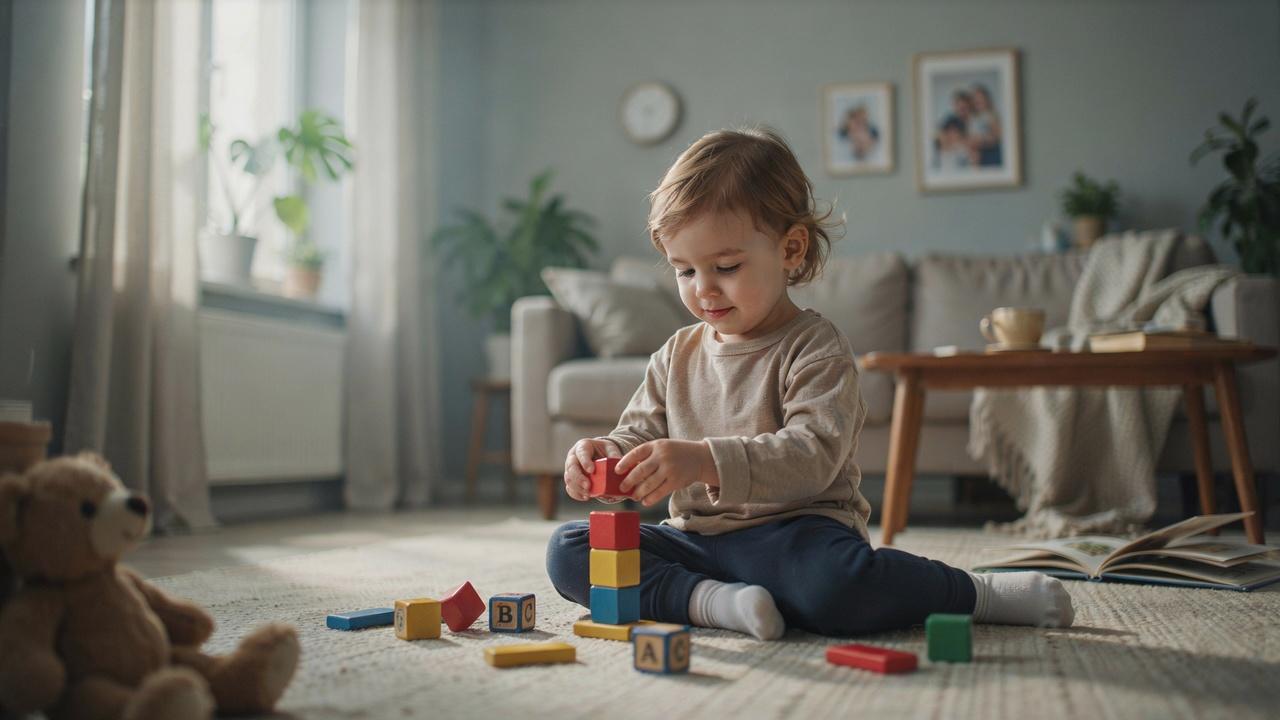 A toddler playing independently with colorful building blocks on a living room floor in daylight.