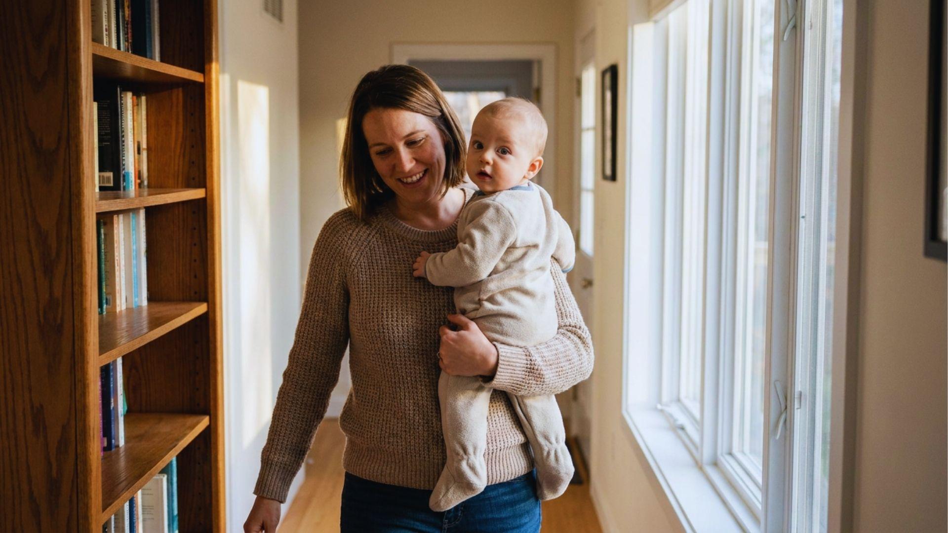 Parent carrying baby upright with secure body and head support.