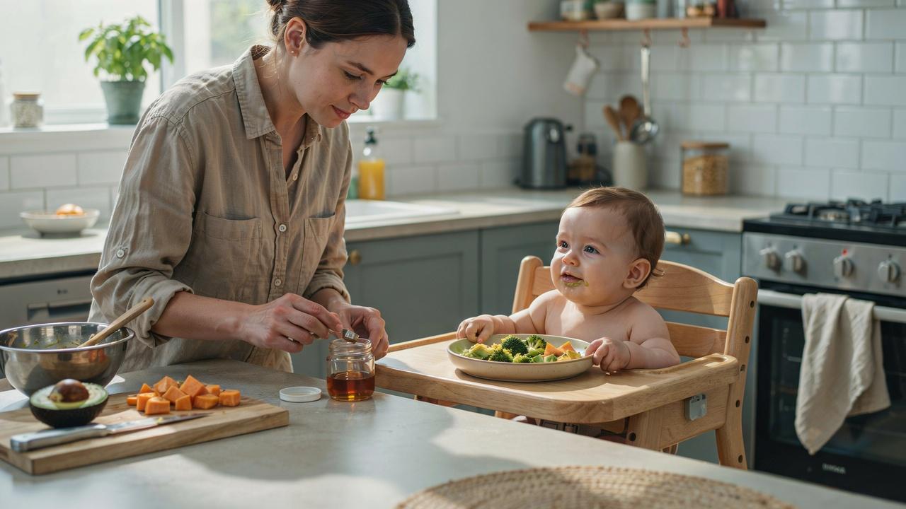 Parent preparing a baby's meal while considering occasional maple syrup use.
