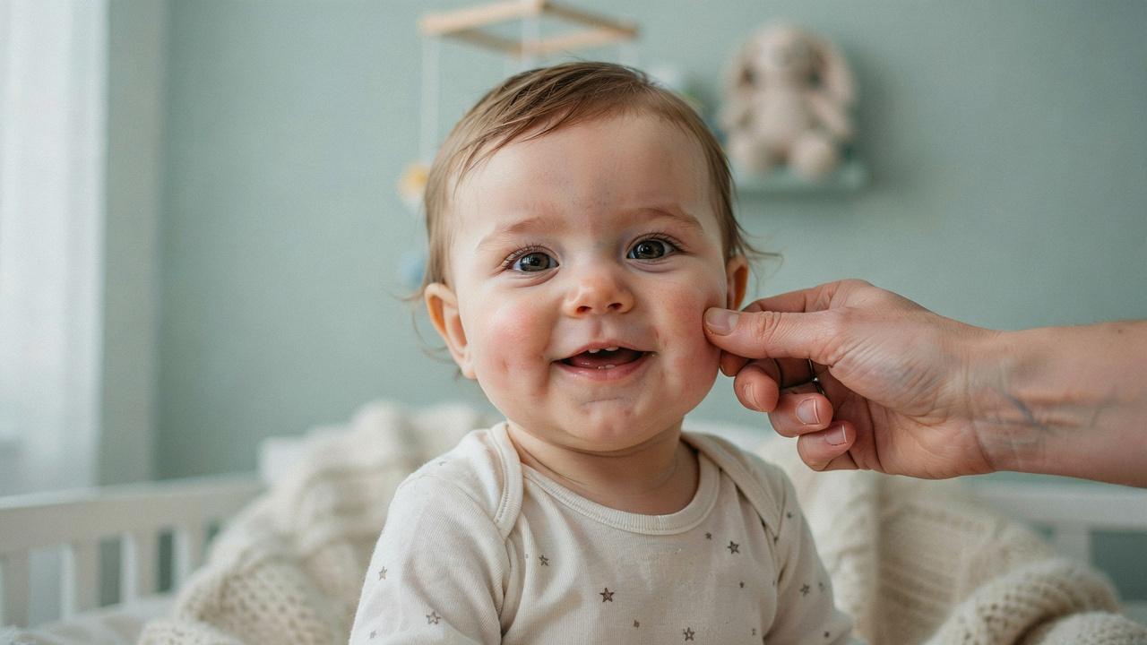 Baby with naturally red cheeks while a parent gently checks facial skin.