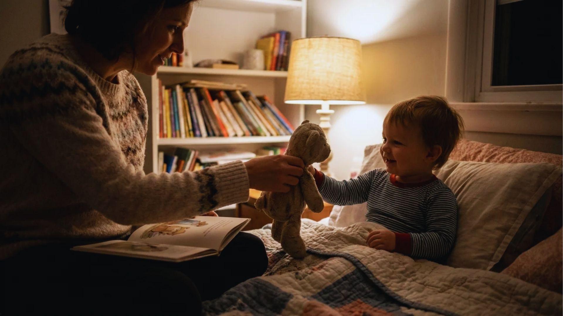 Parent introducing soft lovey during calming bedtime routine consistently.
