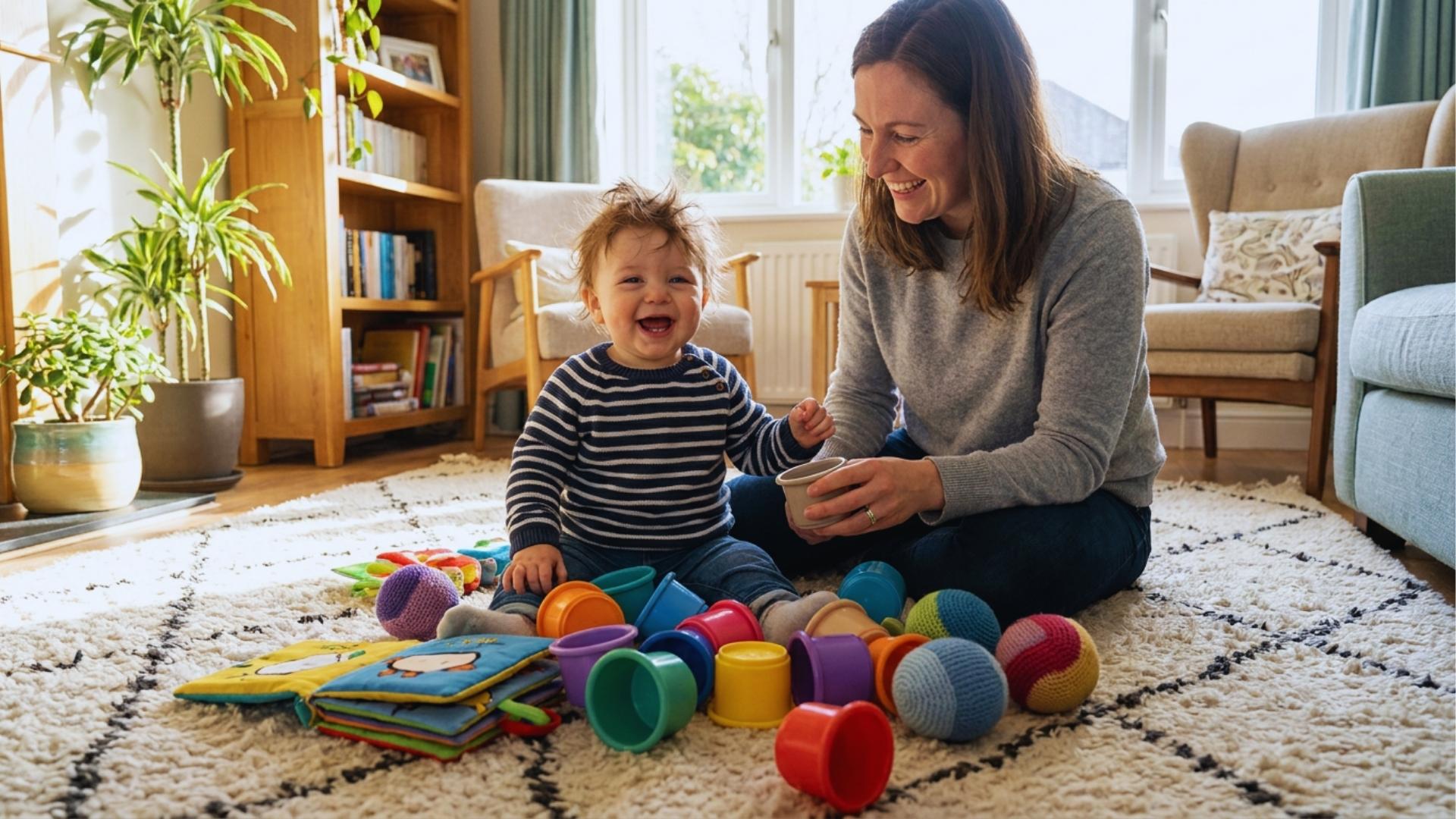 Happy toddler enjoying playful learning activities with a caring parent.