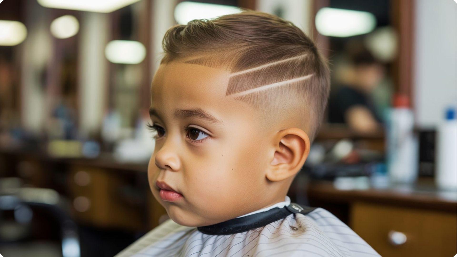 Toddler in barber cape with short quiff and high fade with double shaved lines, trendy baby boy haircut
