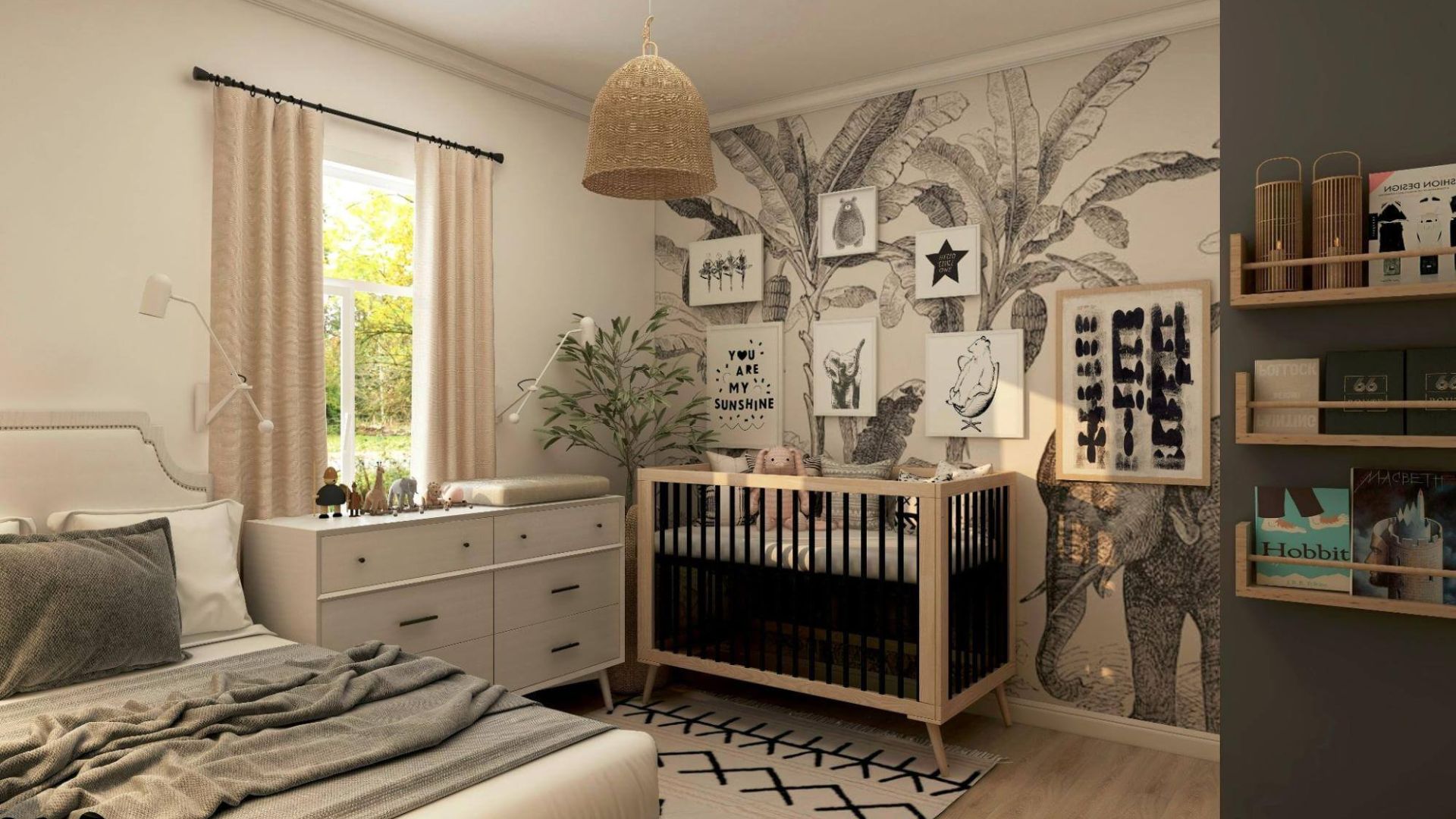 Modern nursery bedroom with wooden crib, banana leaf wallpaper with animal art, white dresser as changing table and woven pendant light.