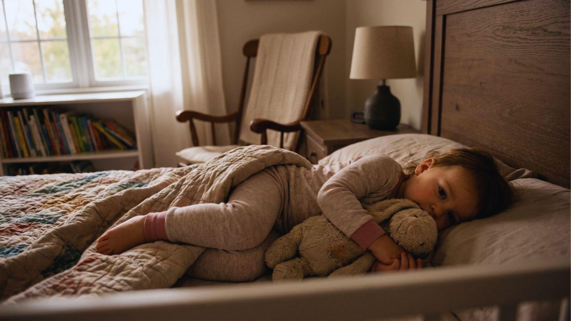 Toddler calmly settling at bedtime while hugging familiar lovey.