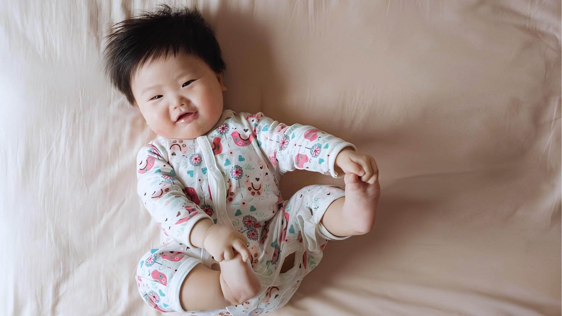 Happy baby lying on blanket wearing colorful onesie playfully holding feet with both hands today.