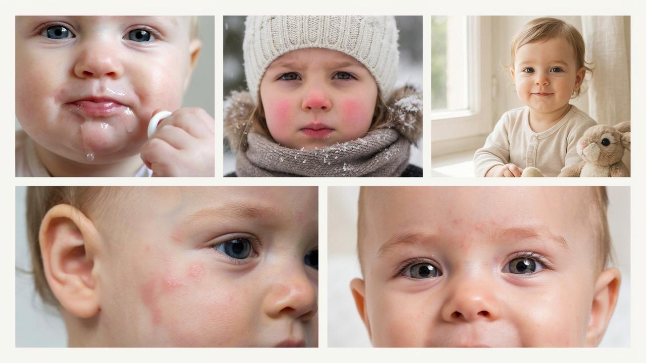 Common causes of red cheeks in babies shown through everyday situations.
