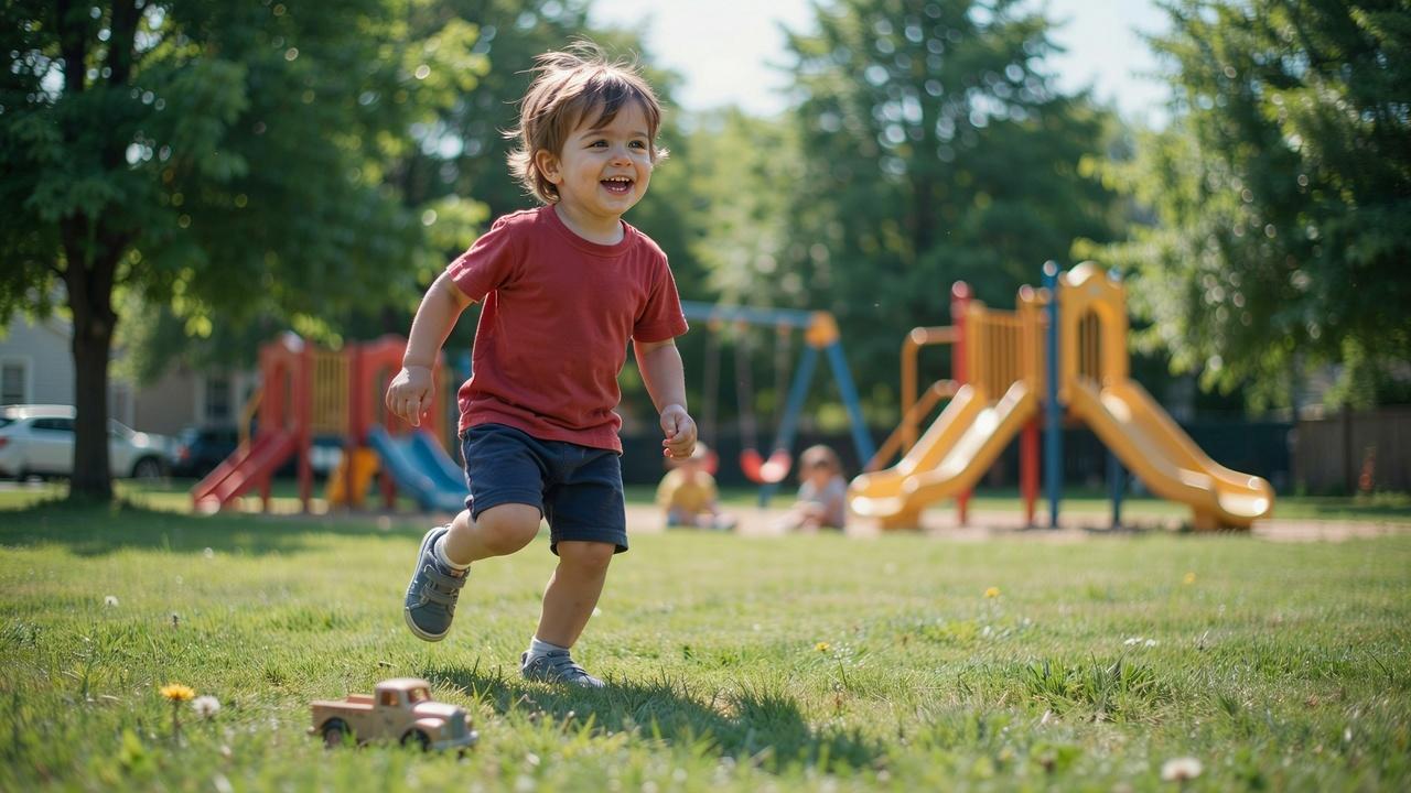 A high energy toddler boy running and playing at an outdoor playground on a sunny day.