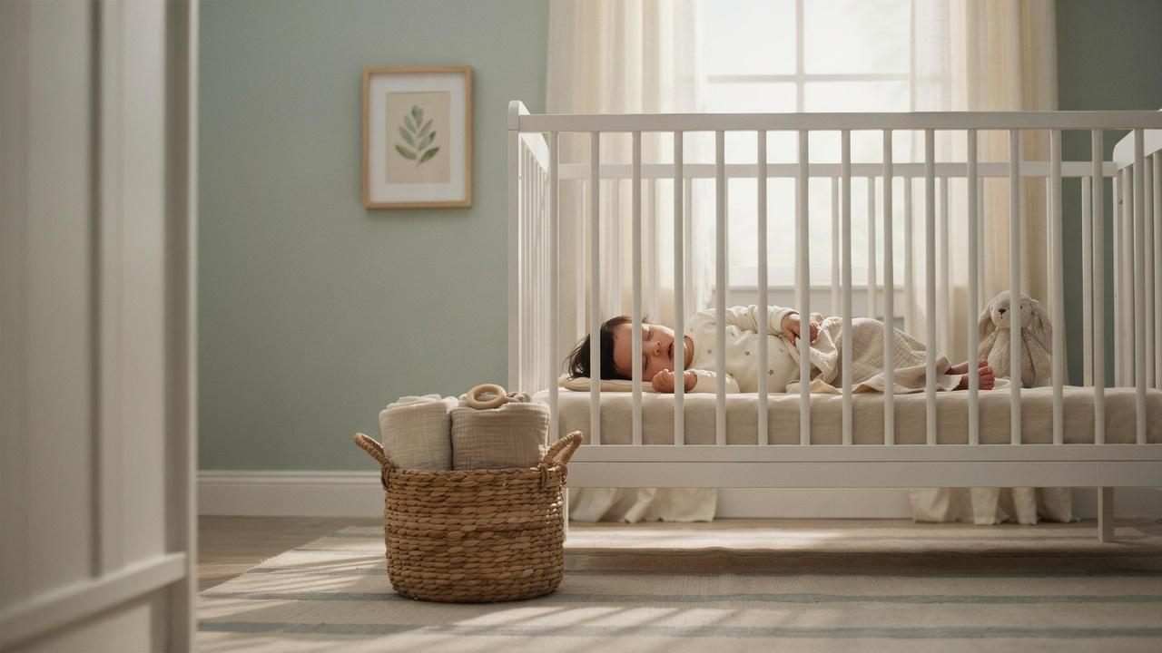 A 14 month old toddler sleeping peacefully in a crib during a single midday nap in a nursery.