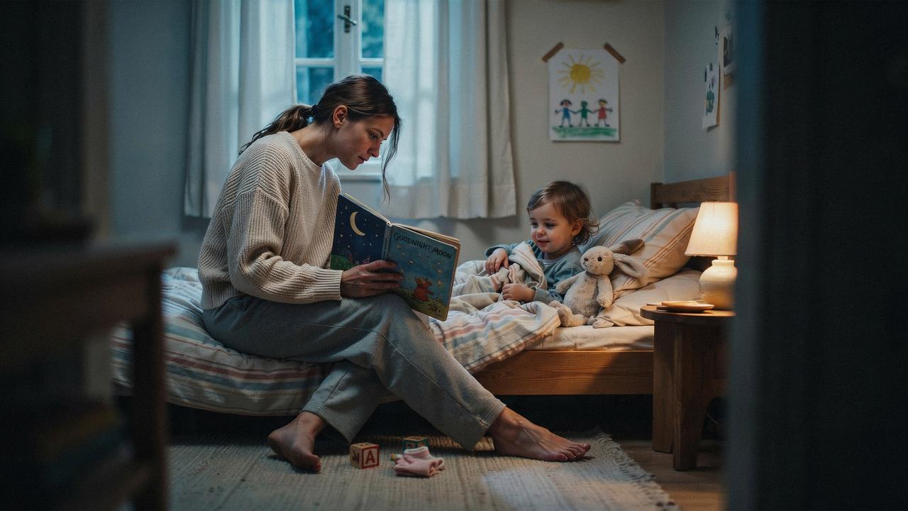 A parent sitting on a toddler's bed reading one more book by soft lamp light at night.