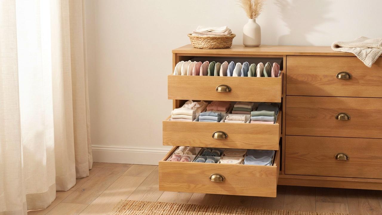 Neatly folded baby clothes organized in a nursery dresser using file folding.
