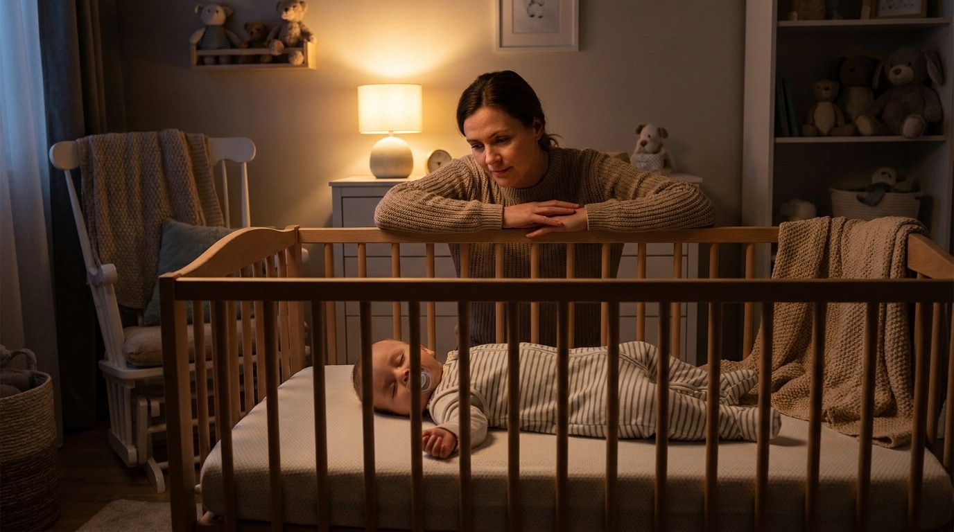 Parent checking sleeping baby with pacifier during nighttime care.