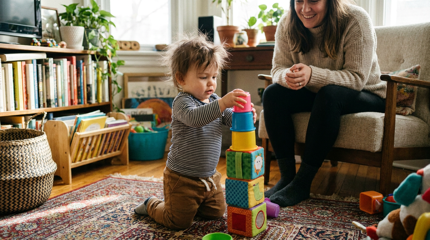 Toddler stacking colorful cups and blocks during playful learning time.