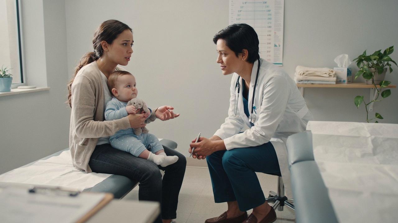 Parent discussing baby head shaking concerns with pediatrician.