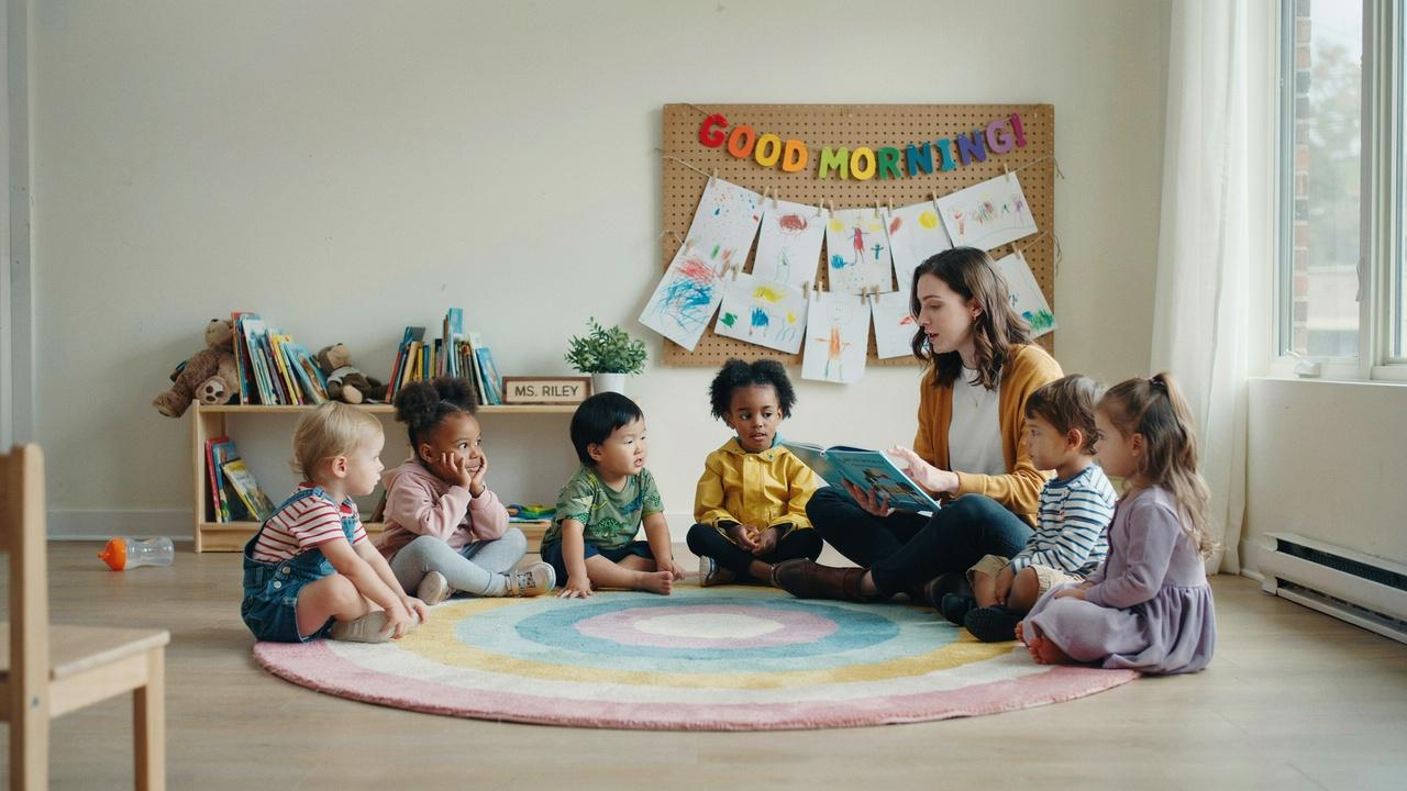 A group of toddlers sitting in a circle with a teacher in a bright, colorful daycare room.