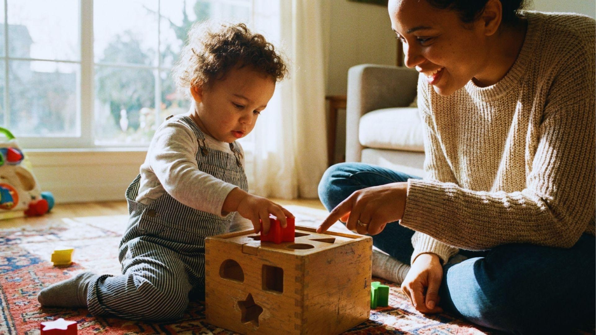 Toddler learning shapes using colorful shape sorter toys independently.