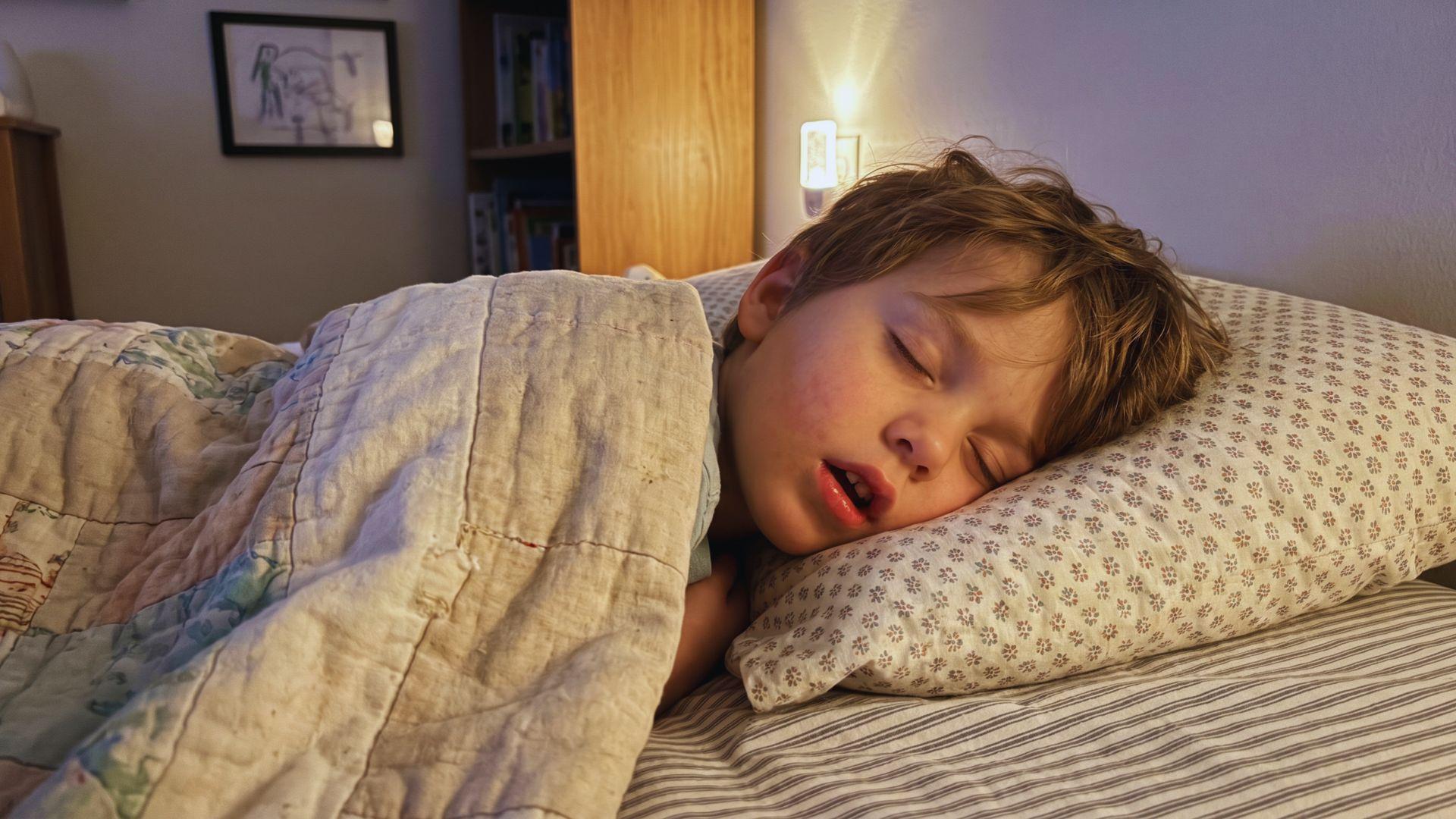 Five-year-old child sleeping on their side with the mouth slightly open.
