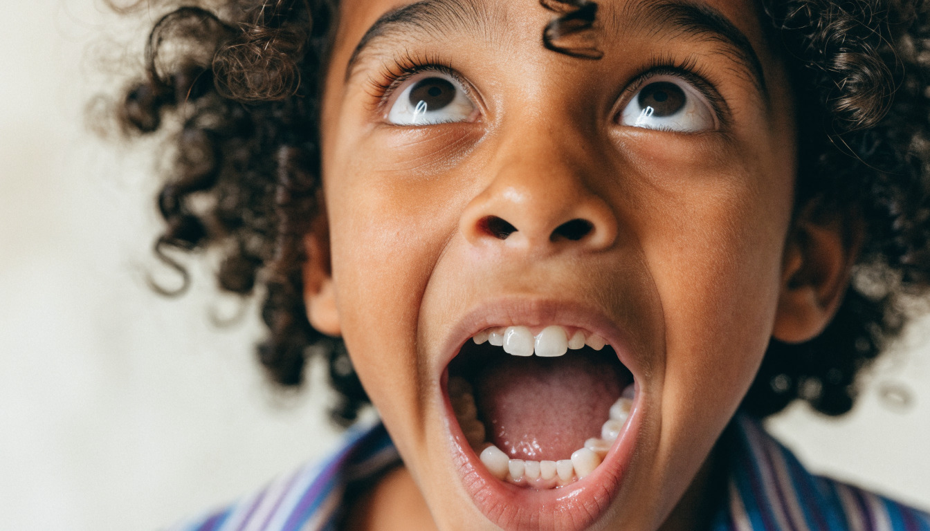 A curly-haired boy showing the development of teething with mouth wide open