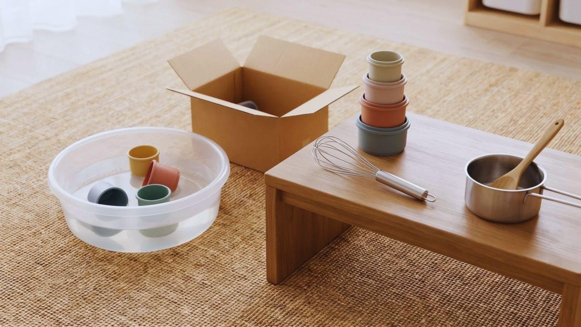 Household items for toddler activities, including stacking cups, a water tub, cardboard box, whisk, and pot.
