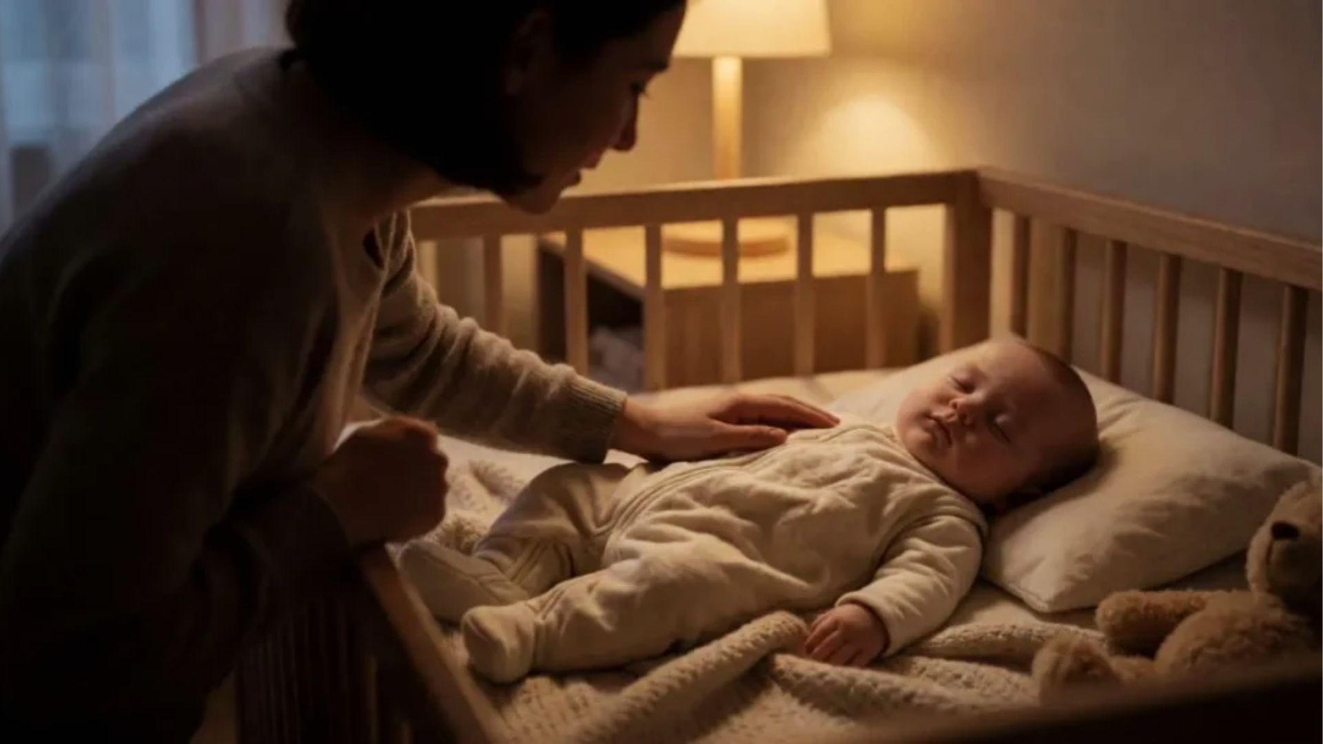 Adult touching a sleeping baby in a crib